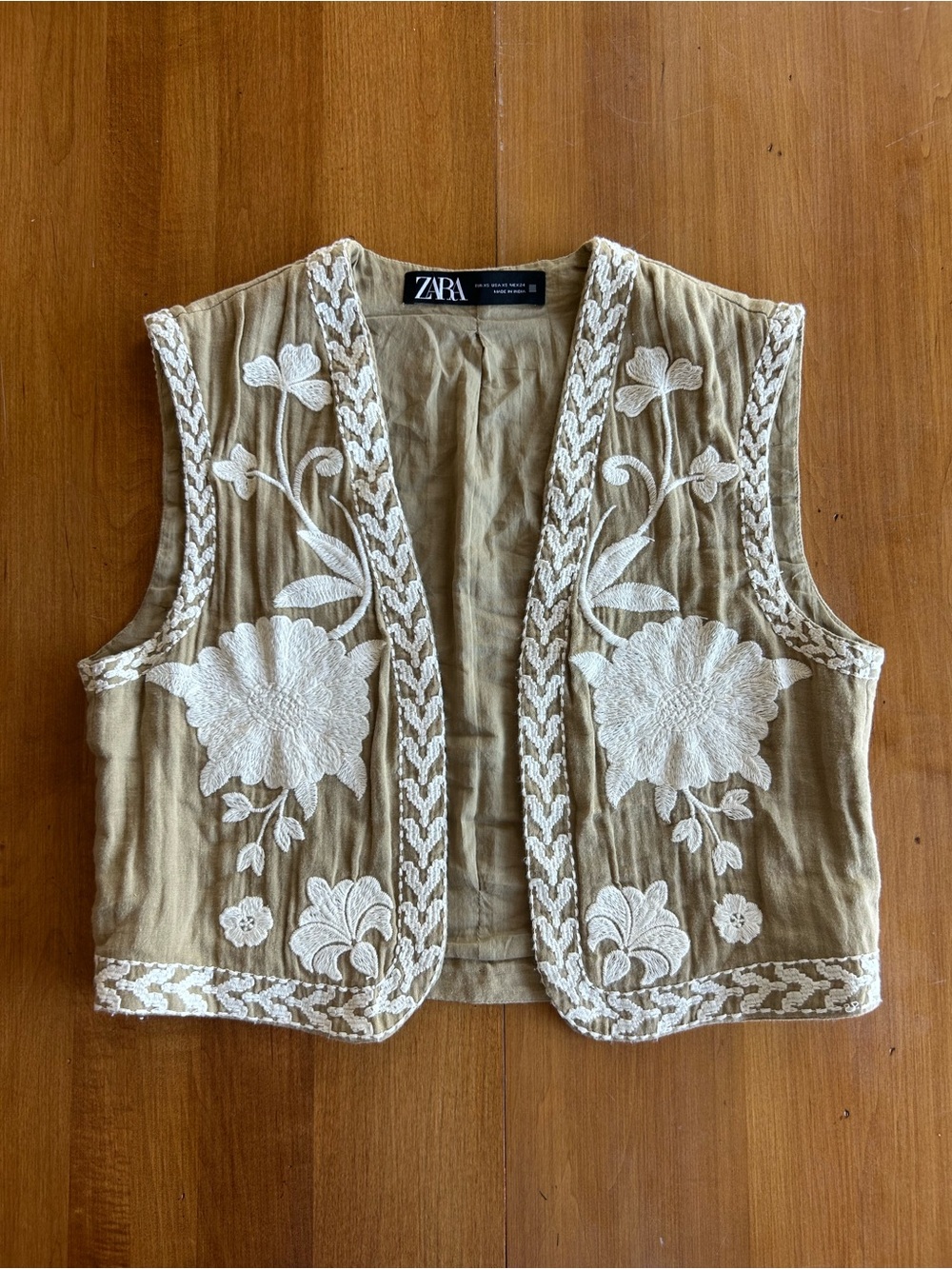 Zara Olive Green Embroidered Cotton Vest with White Trim
